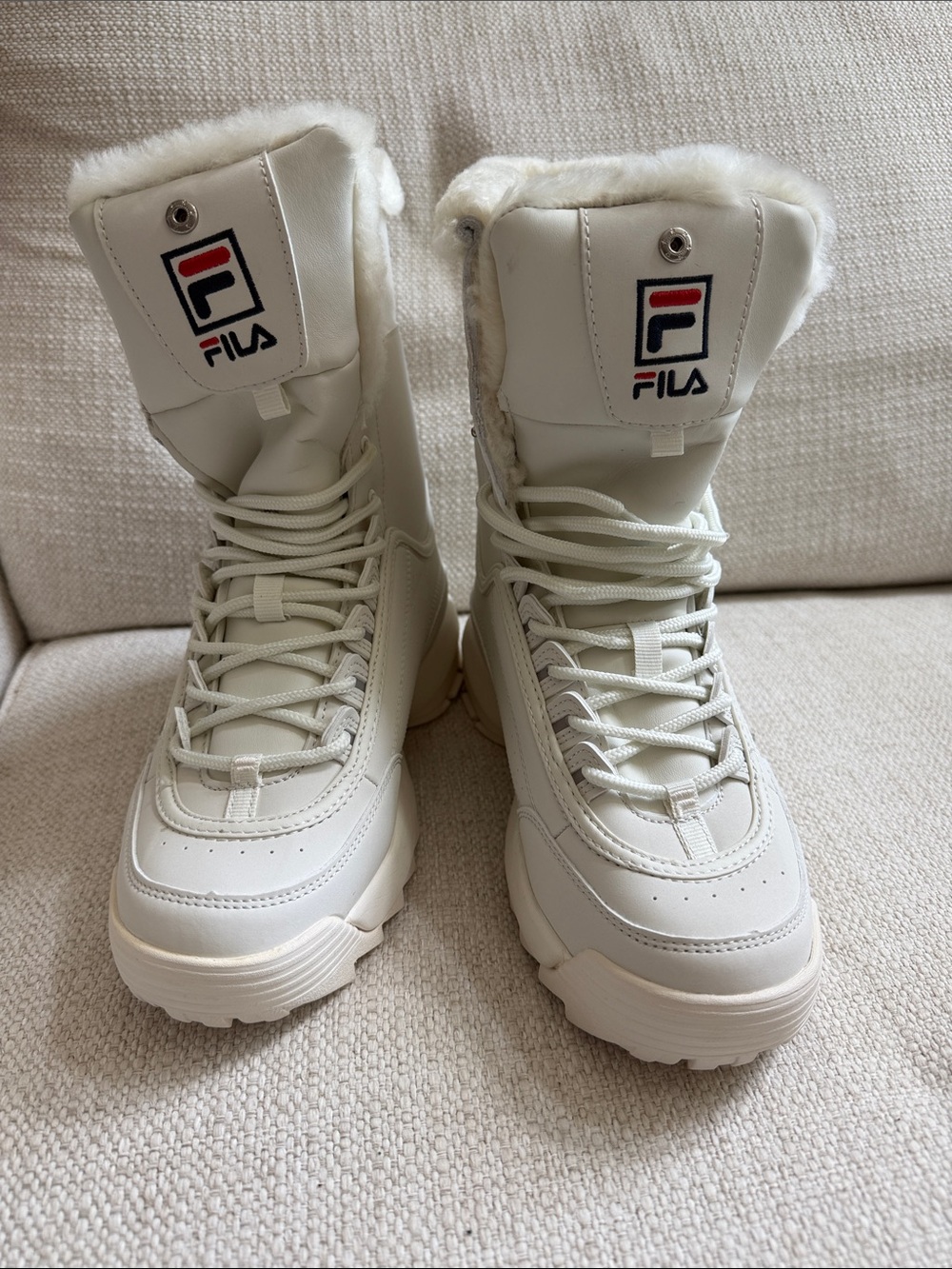 Fila Women's Cream Lace-Up Faux Fur Platform Winter Boots